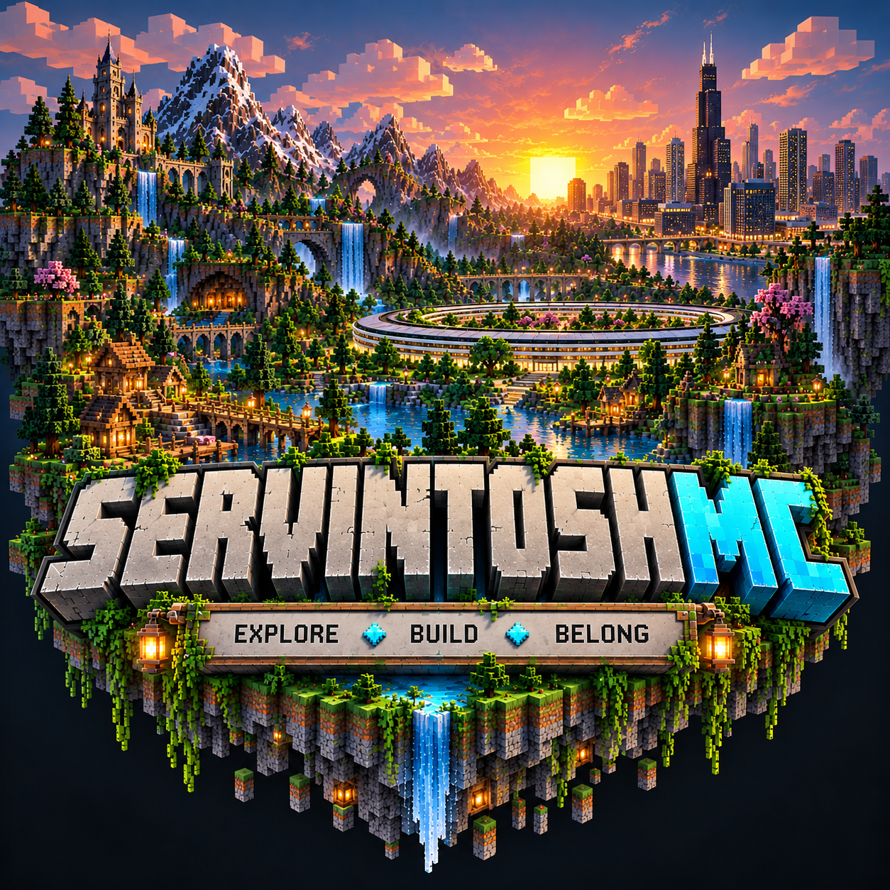 ServintoshMC: a floating Minecraft world with waterfalls, a mountain castle, a circular modern building and a sunset skyline.